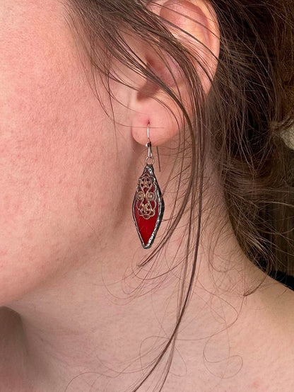 Red Stained Glass with Vintage Brass Earrings* E235