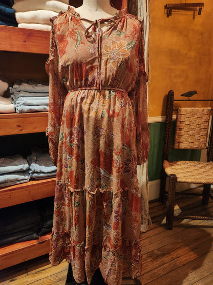 Chiffon Floral Tie Front Midi Dress - Dusty Pink