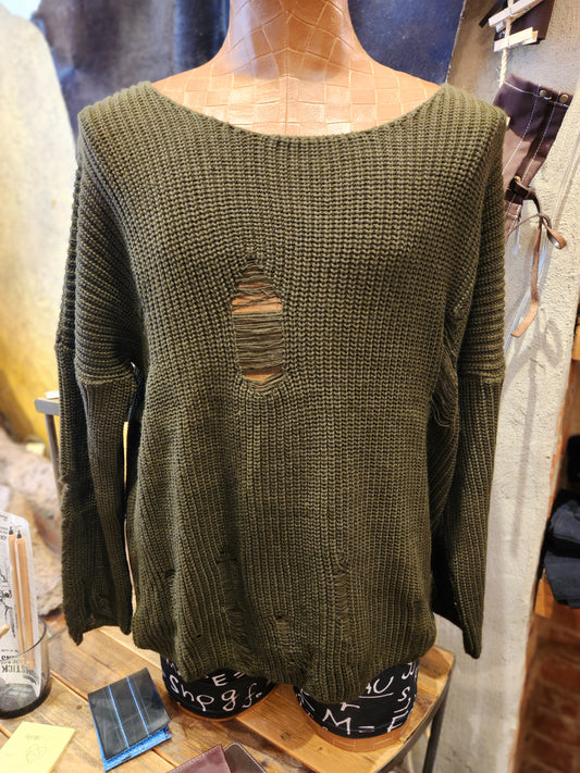 Men's Distressed Sweater - Khaki Green