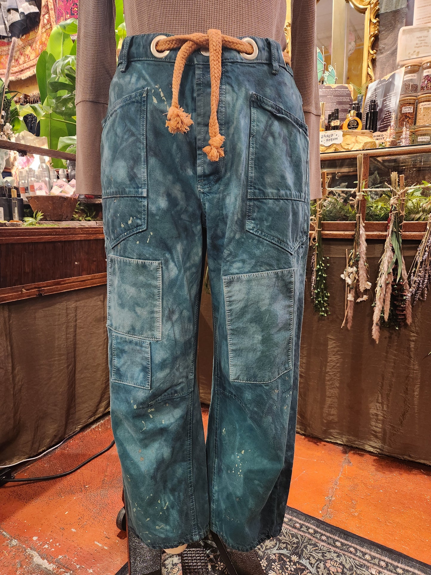 Hand Dyed Moxie Low Slung Drawstring Jeans - Teal