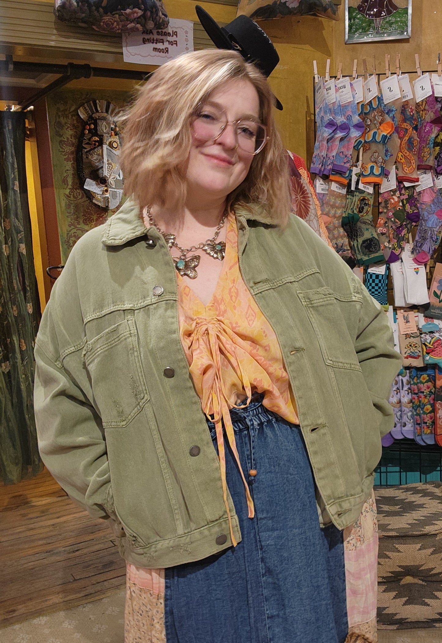 Curve Pleated Back Denim Jacket - Olive