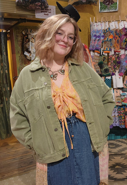 Curve Pleated Back Denim Jacket - Olive