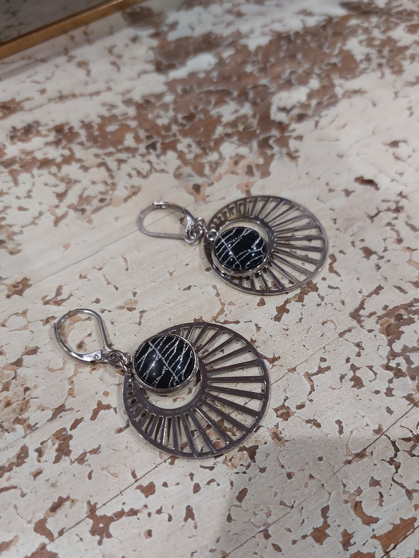 Real Spiderweb Silver Tone Sunburst Earrings