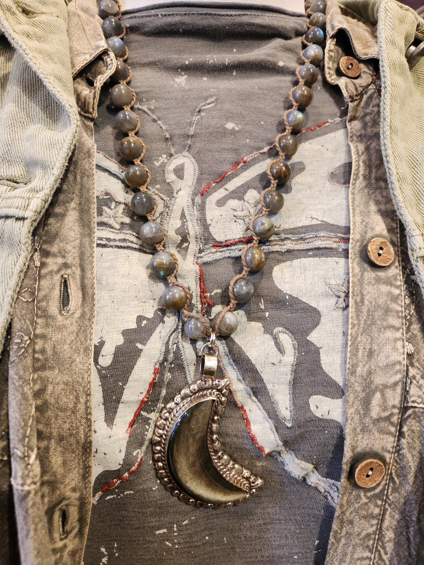 Gold Sheen Obsidian Moon with Labradorite Beaded Necklace