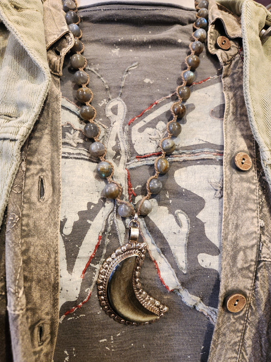 Gold Sheen Obsidian Moon with Labradorite Beaded Necklace