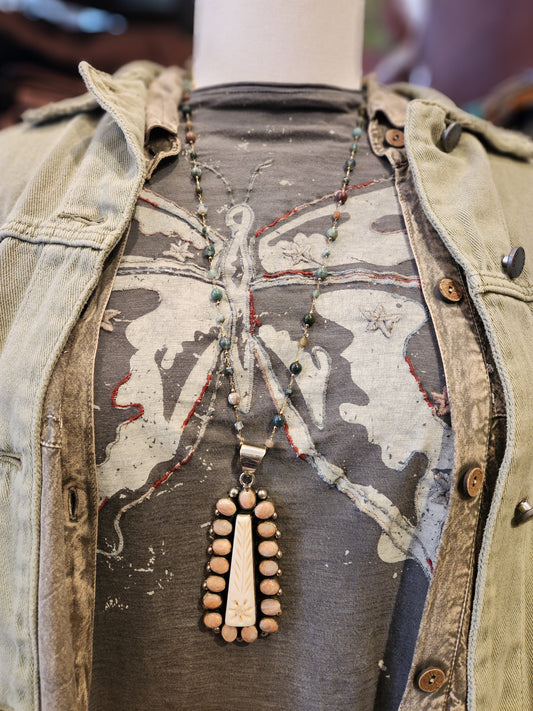 Carved Bone Pendant with Beaded Chain