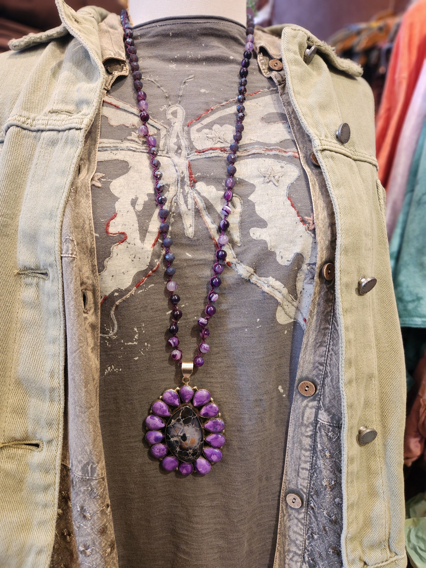 Sugilite and Jasper Statement Pendant with Agate Beaded Necklace