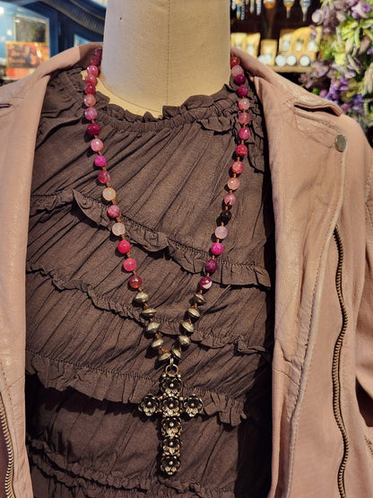 Cross with Pink Agate Necklace