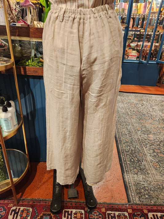 Linen, Elastic Waist  Pants - Sand