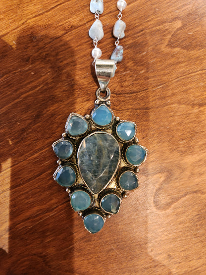 Kyanite and Chalcedony Pendant with Larimar Beaded Chain