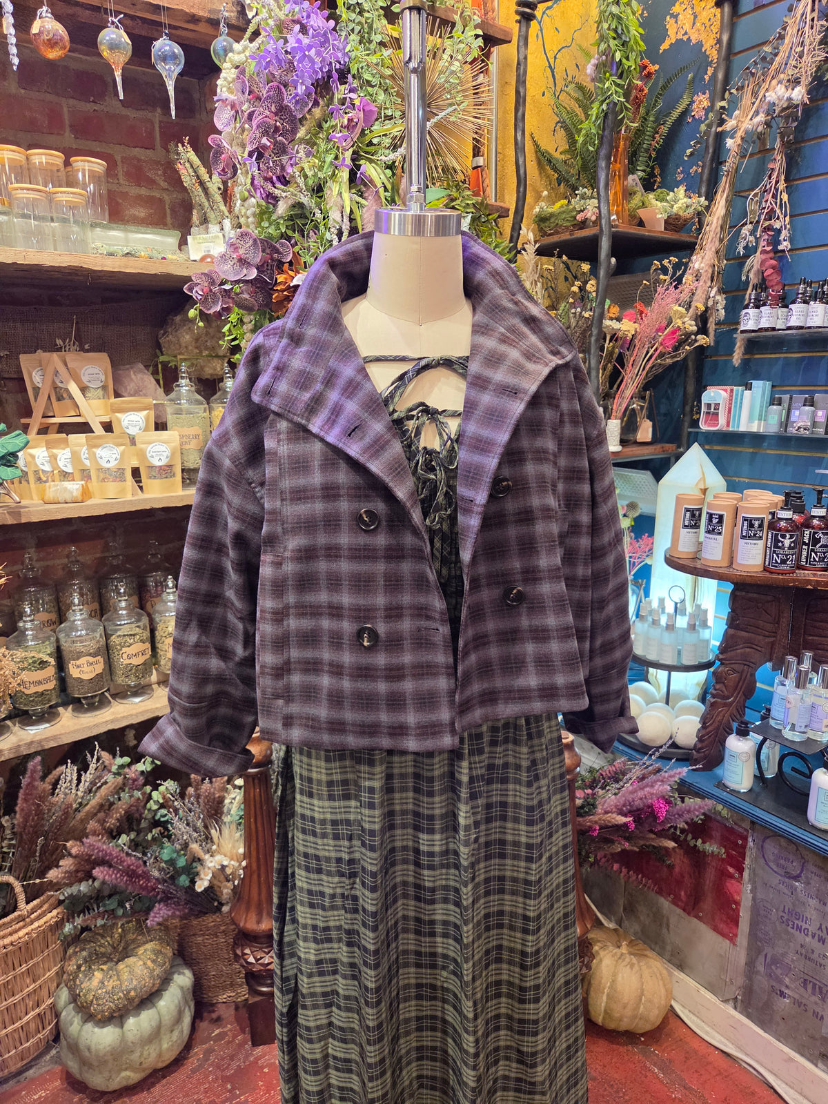 Brown/Blue Funnel Neck Short Coat