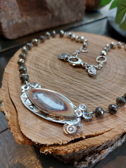 Fine Silver Imperial Jasper & Pyrite Beads Chain Necklace *425N-21