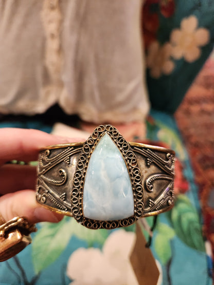 OOAK Vintage Sterling & Larimar Cuff Bracelet