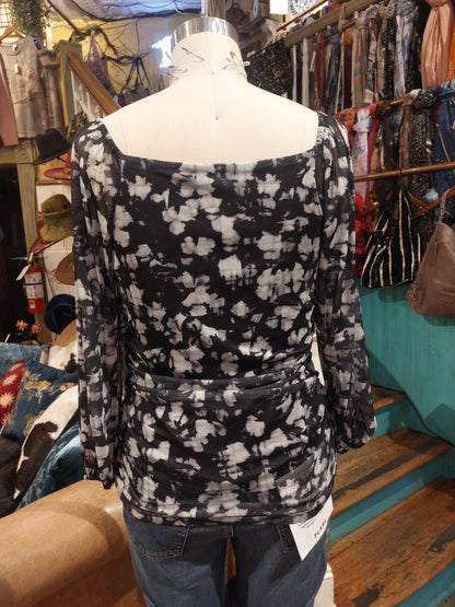 Square Neck Mesh Ruched Top - Black