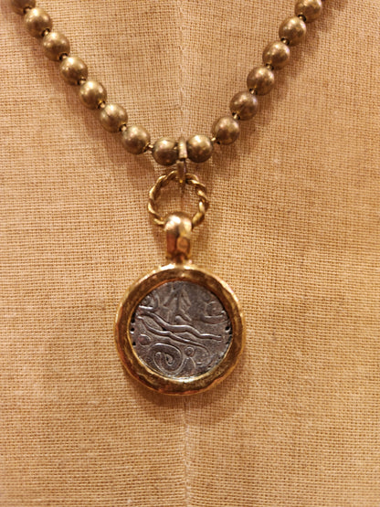 Mixed Metal Medallion Plated Necklace Vintage Reproduction - Silver with Gold Edge