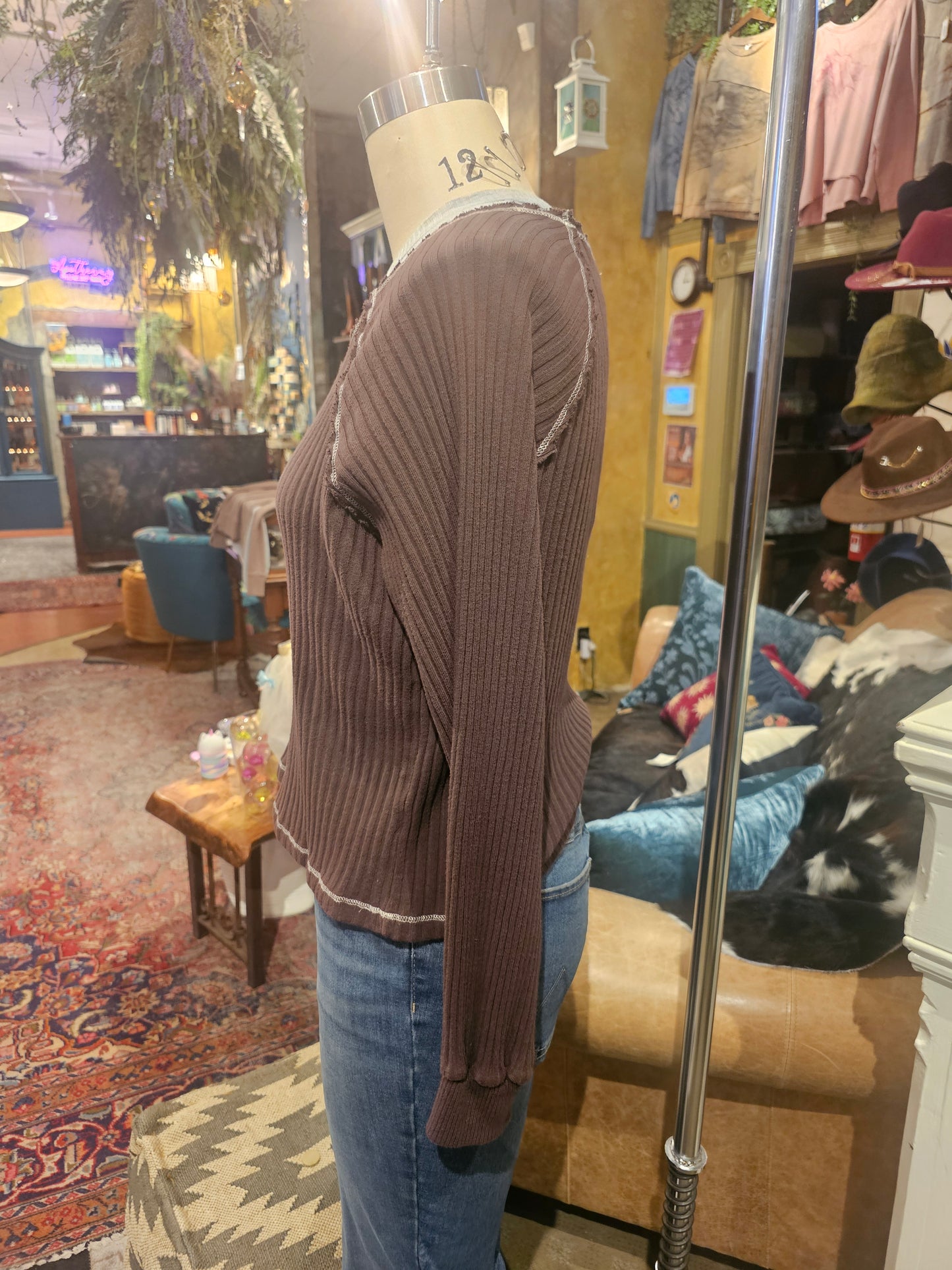 Homebody V-Neck Rib Long Sleeve - Dark Mocha