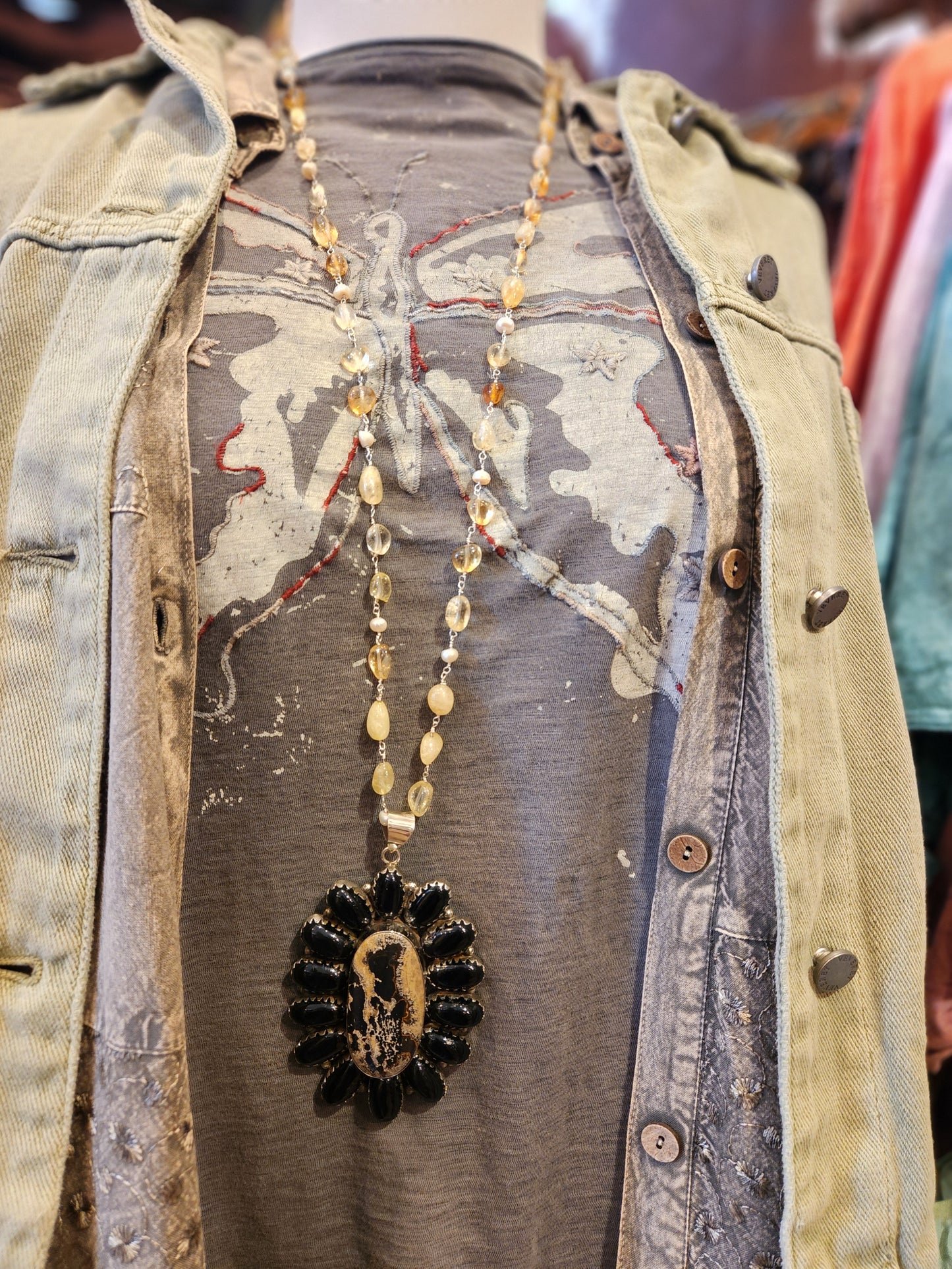 Jasper and Obsidian Pendant with Yellow Quartz Beaded Chain