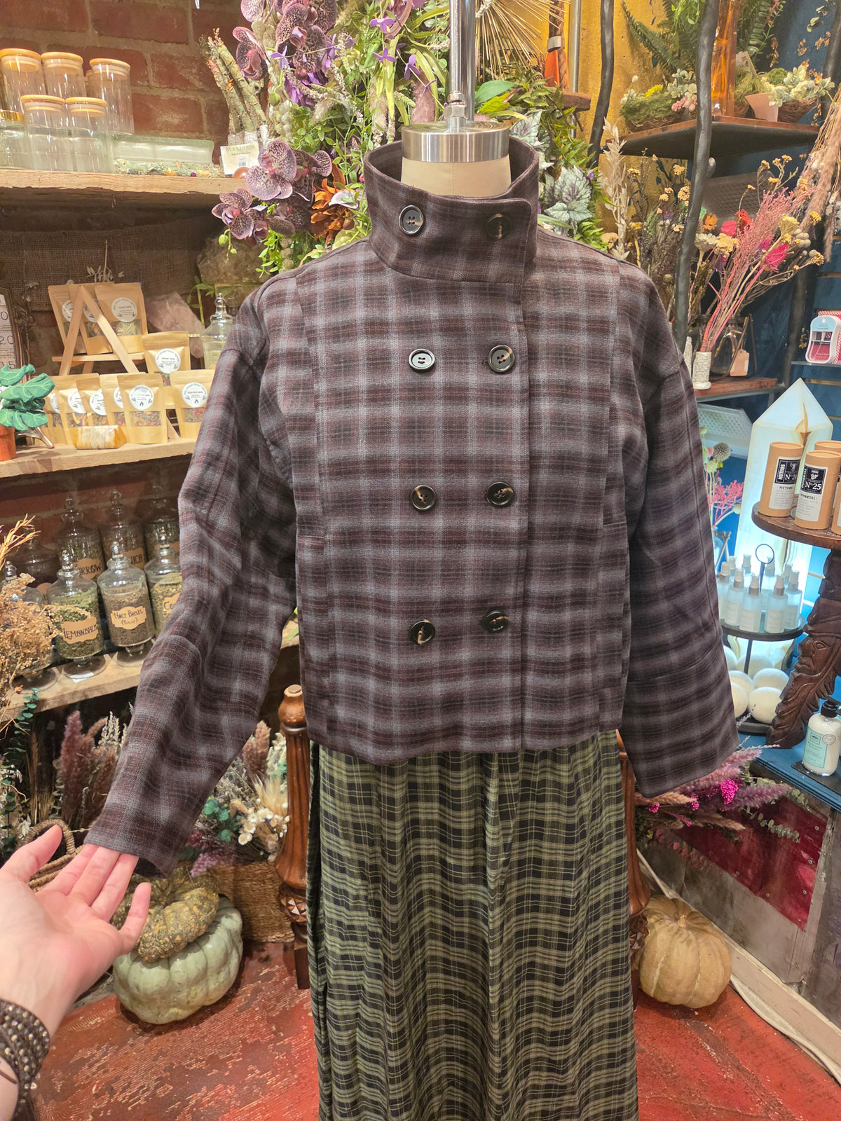 Brown/Blue Funnel Neck Short Coat