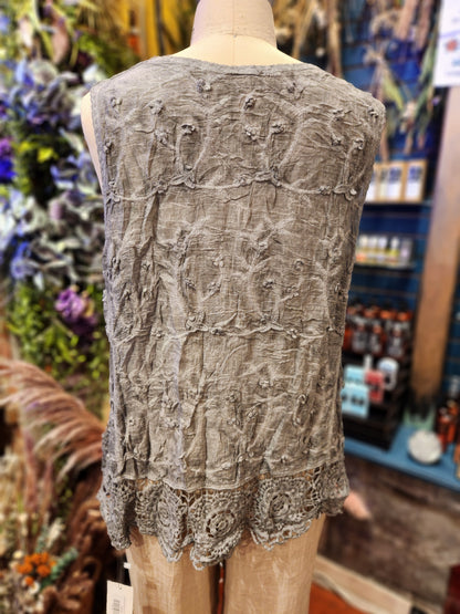 Embroidered Sleeveless Knit Top - Gray / Missy / One Size