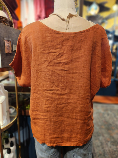 Wide Neck Frayed Linen Top