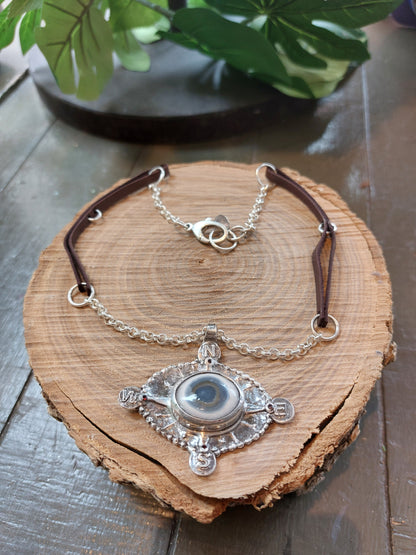 Fine Silver Solar Eye Quartz W/ Leather Chain Necklace *425N-3