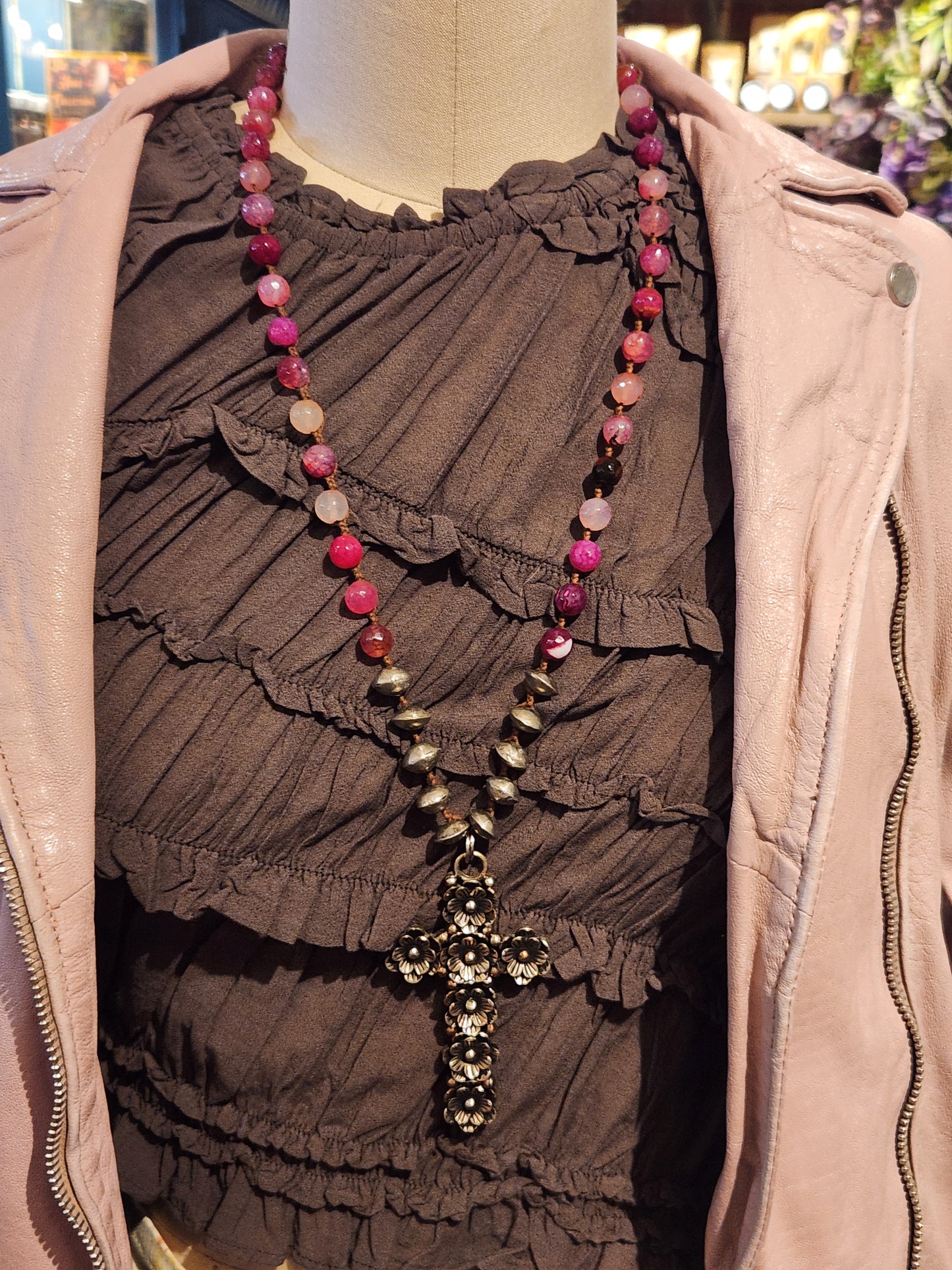 Cross with Pink Agate Necklace