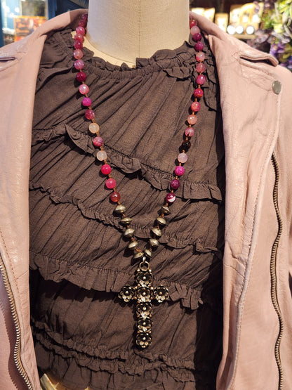 Cross with Pink Agate Necklace