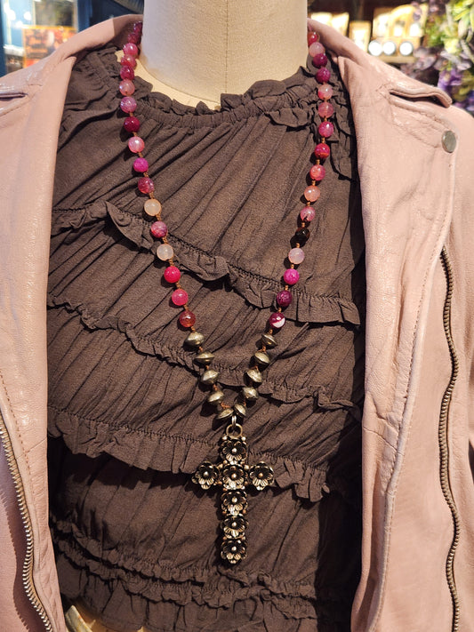 Cross with Pink Agate Necklace
