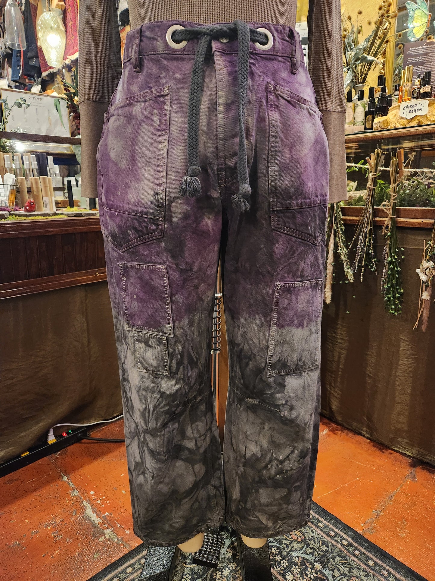 Hand Dyed Moxie Low Slung Drawstring Jeans - Purple/Black Ombre