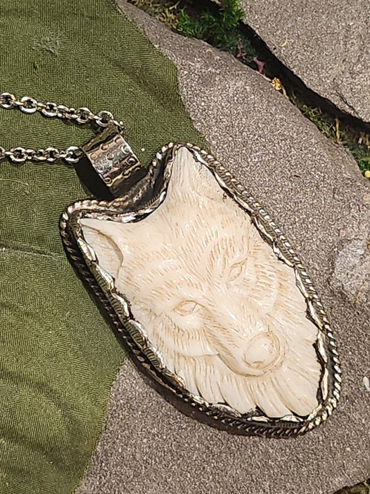 Silver Deer Bone Wolf Pendant