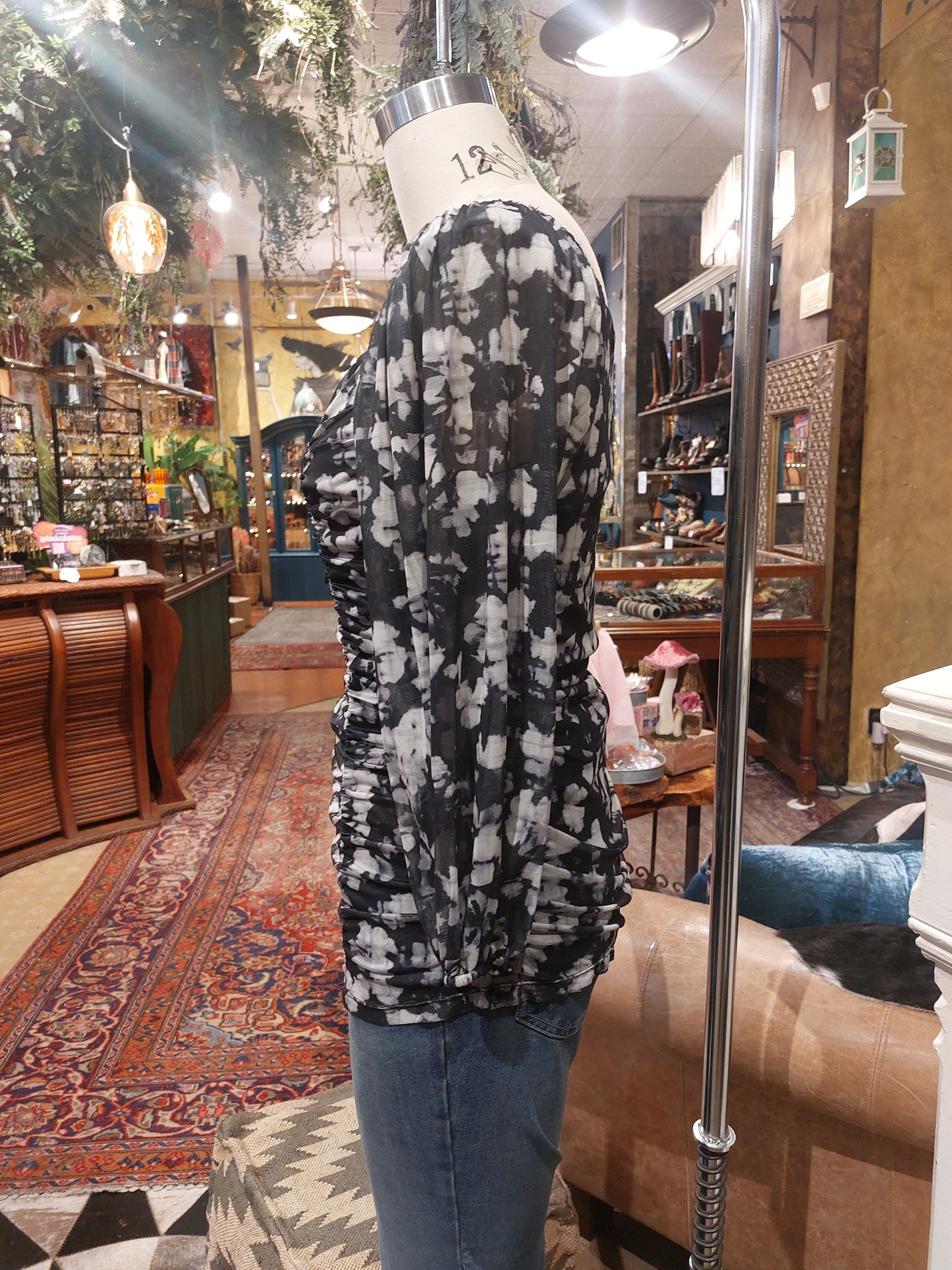 Square Neck Mesh Ruched Top - Black