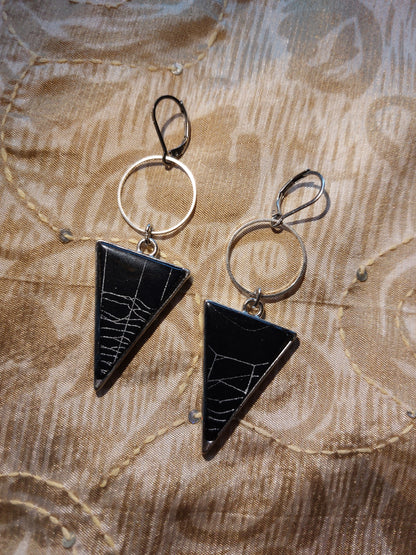 Real Spiderweb Silver tone Triangle Earrings - A