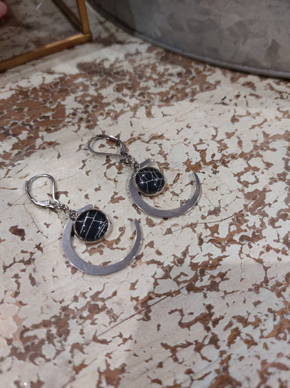 Real Spiderweb Silver Tone Moon Earrings - B