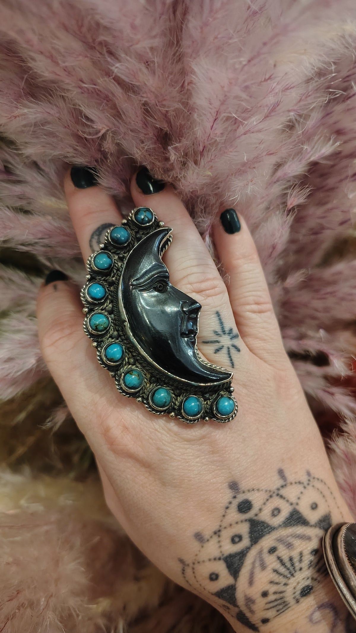 Bone Carved Turquoise Moon Ring