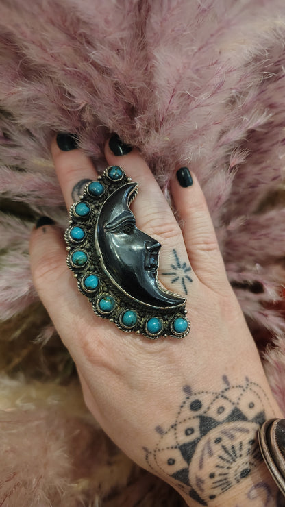 Bone Carved Turquoise Moon Ring