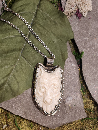 Silver Deer Bone Wolf Pendant