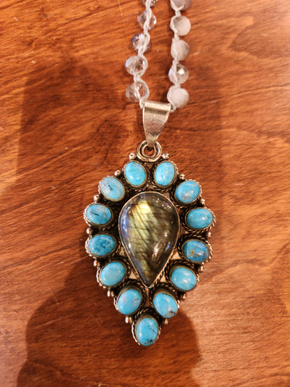 Labradorite and Turquoise Pendant with Mixed Beaded Necklace