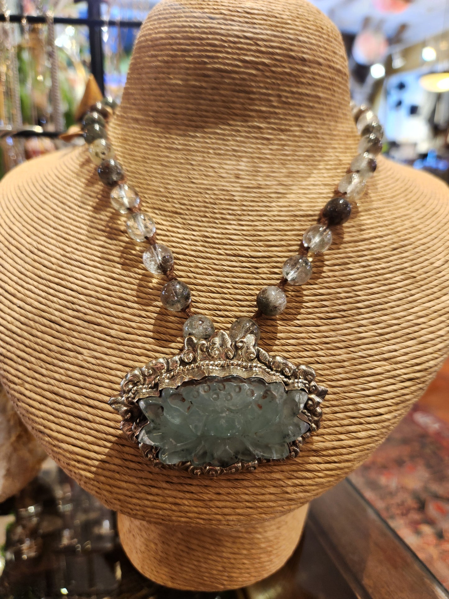 Carved Jade Lotus Pendant with Jasper Beaded Necklace