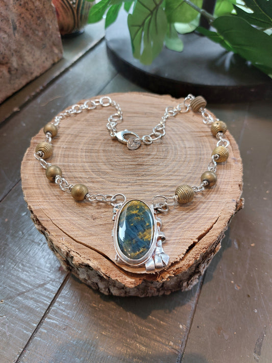 Fine Silver Pietersite W/ Brass African Beads Chain Necklace *425N-6