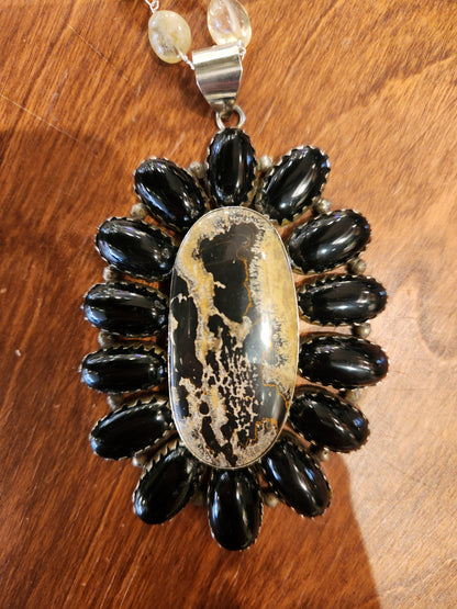 Jasper and Obsidian Pendant with Yellow Quartz Beaded Chain