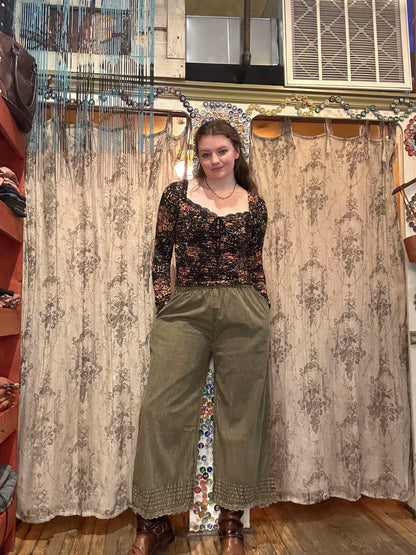 Lace Bottom Trousers - Moss Green