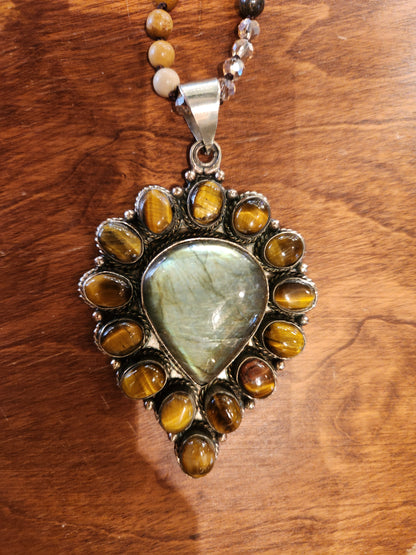 Labradorite and Tigers Eye Pendant with Mixed Stone Necklace