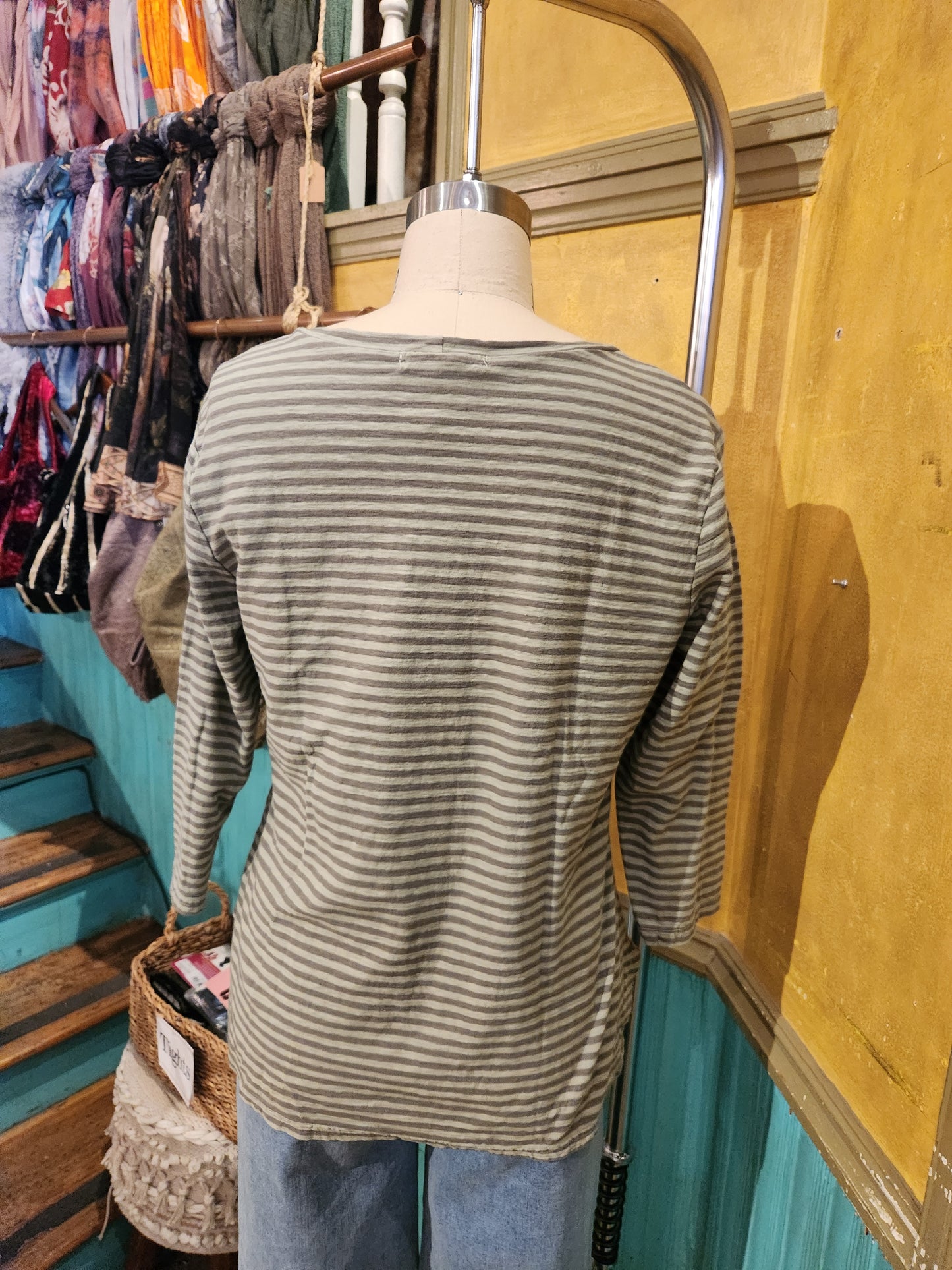 High low long sleeve striped top-balsam green