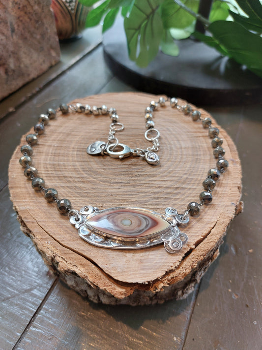 Fine Silver Solar Eye Quartz W/ Leather Chain Necklace *425N-3