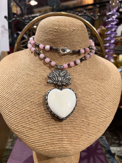 Pink Opal and Carved Bone Heart Necklace