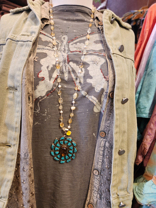 Turquoise and Quartz Dimensional Buddha Pendant with Yellow Quartz Beaded Chain