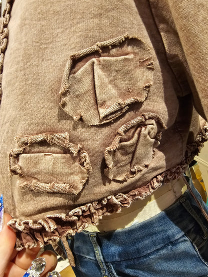 Short Jacket w/ Small Ruching & Hand Made Fabric Flowers - Brown