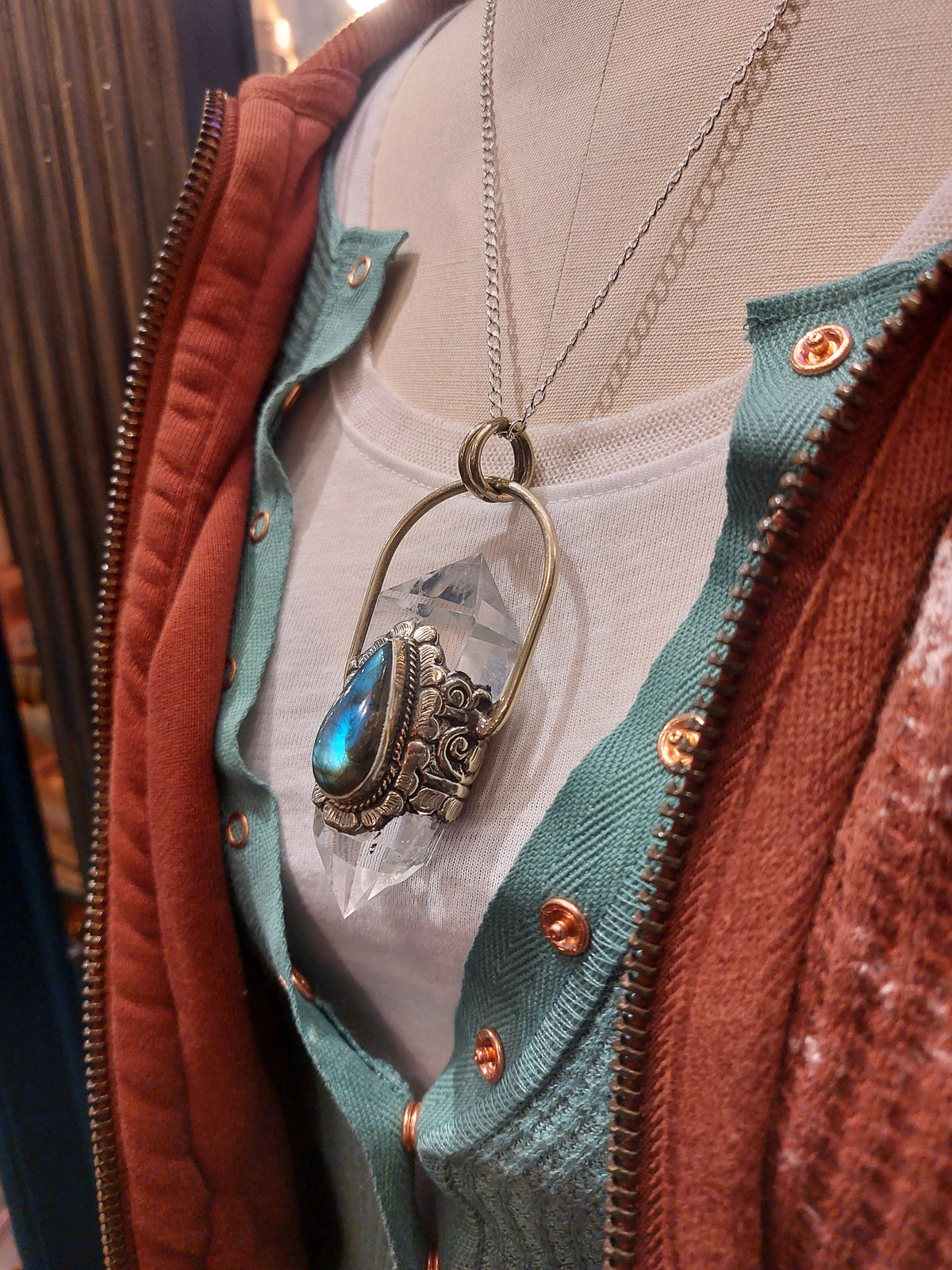 Crystal and Teardrop Labradorite Drop Pendant with Chain