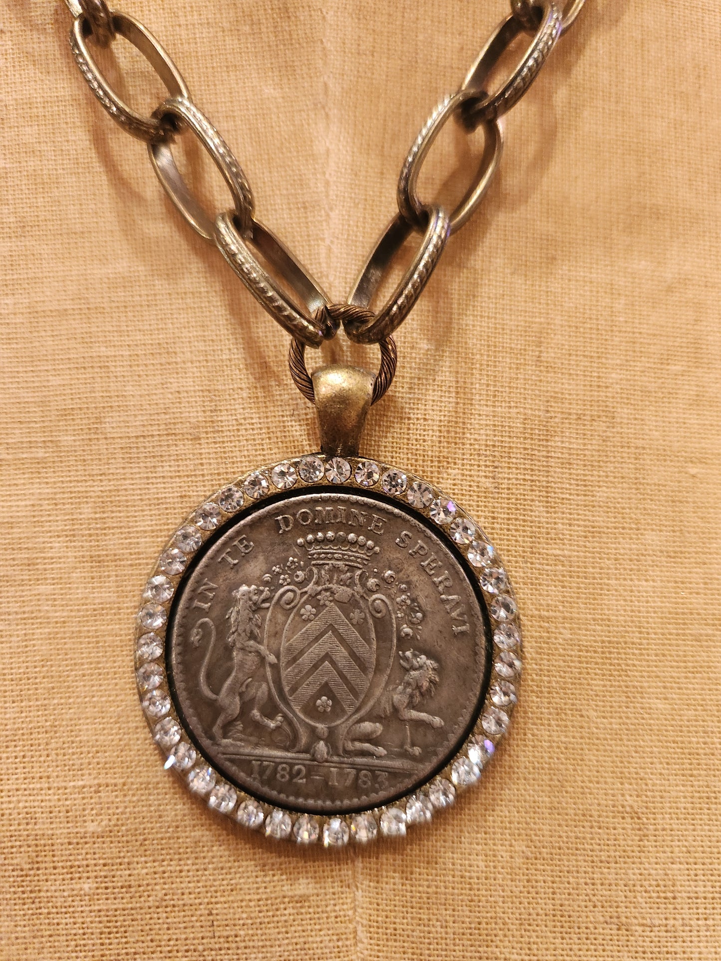 OOAK Vintage Coin Necklace with Rhinestone Frame