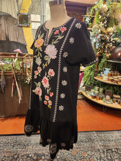 Naomi Flounce Embroidered Dress - Black